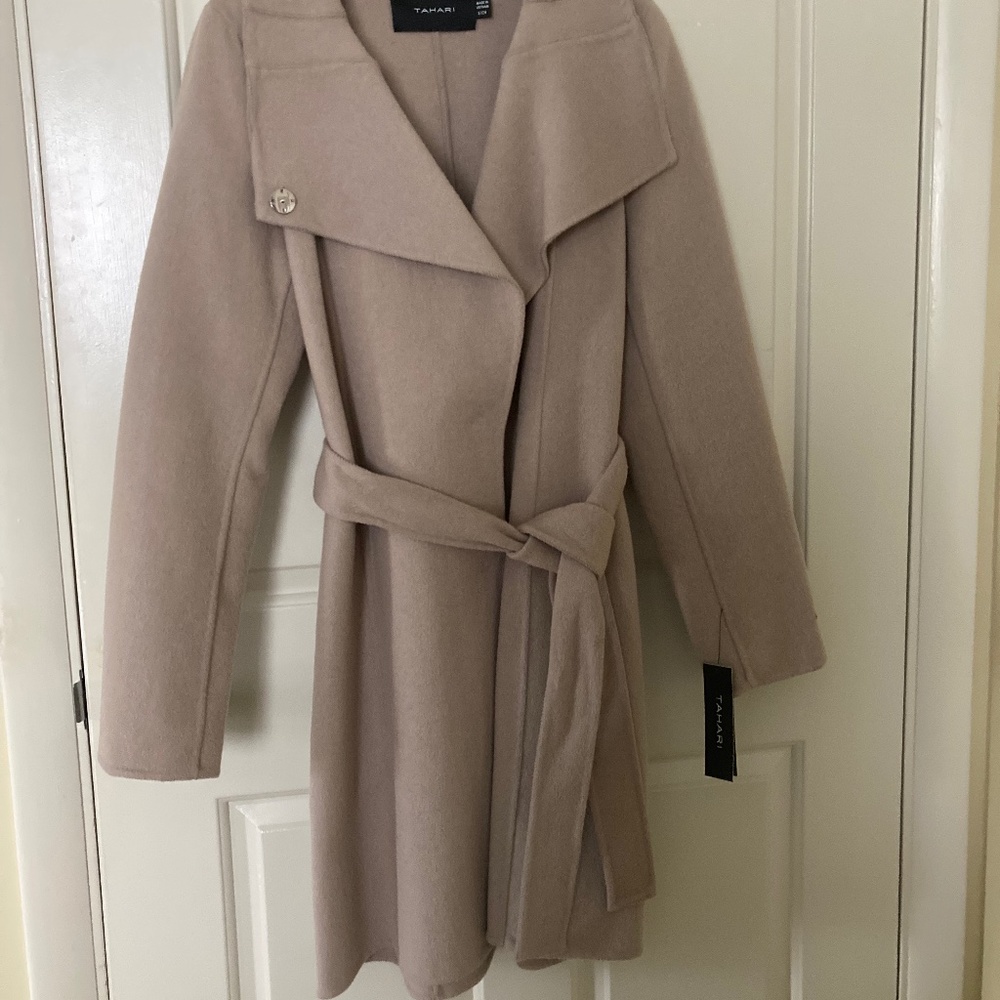 TAHARI Women's Wool Wrap Coat with Tie Belt Soft Almond Small